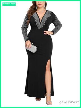 Plus Size Sparkly Rhinestone Long Sleeve Mermaid Maxi Dress with Slit